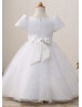 Short Sleeves Beaded White Lace Organza Flower Girl Dress